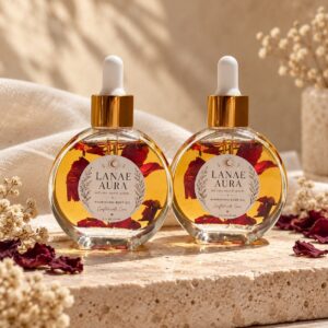 Two Aura Bloom body oil bottles