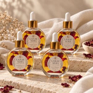 Four Aura Bloom body oil bottles